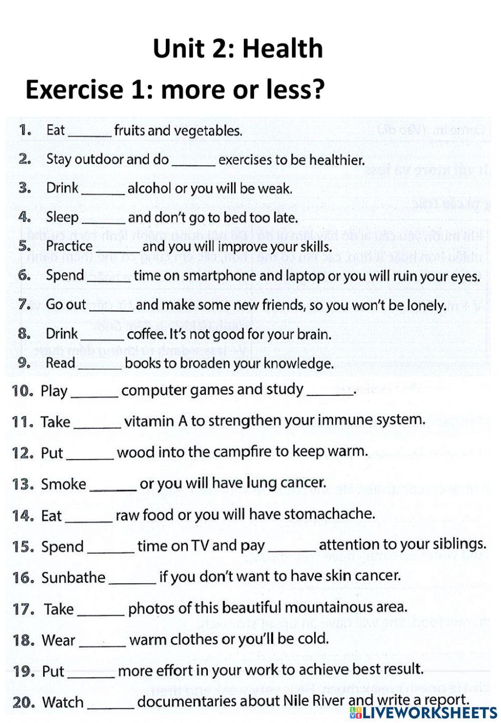English 7-Unit 2: Health: Imperatives with more- less worksheet | Live  Worksheets
