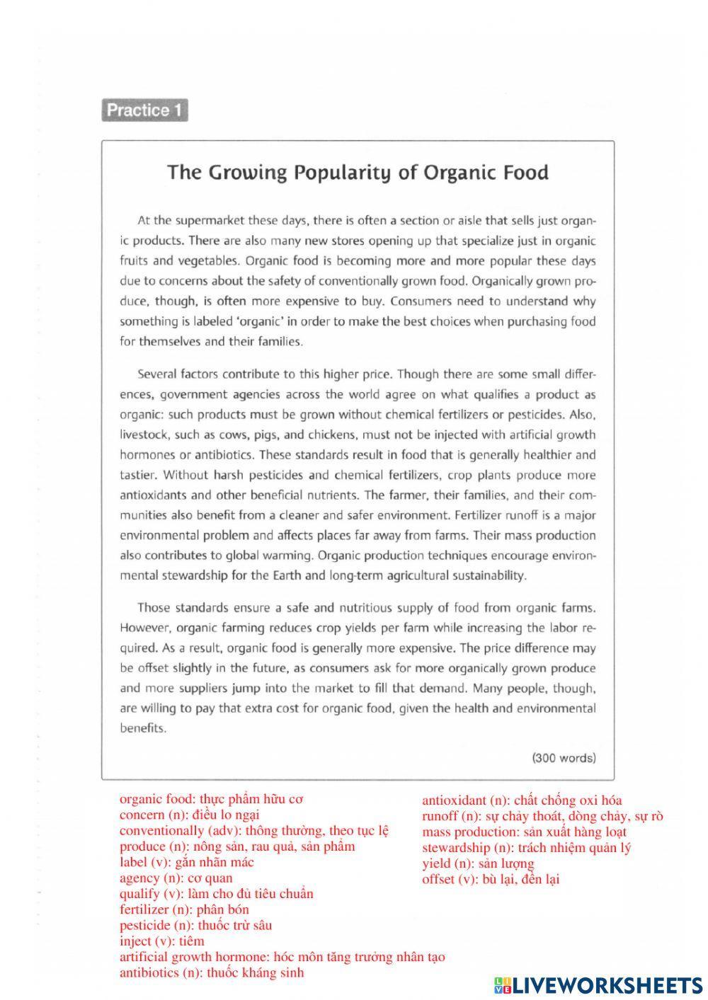 IELTS Reading - Organic food worksheet | Live Worksheets