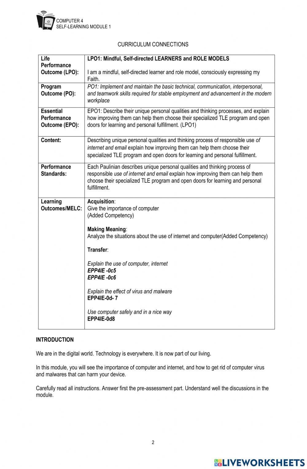 Live Worksheet 1 in Computer