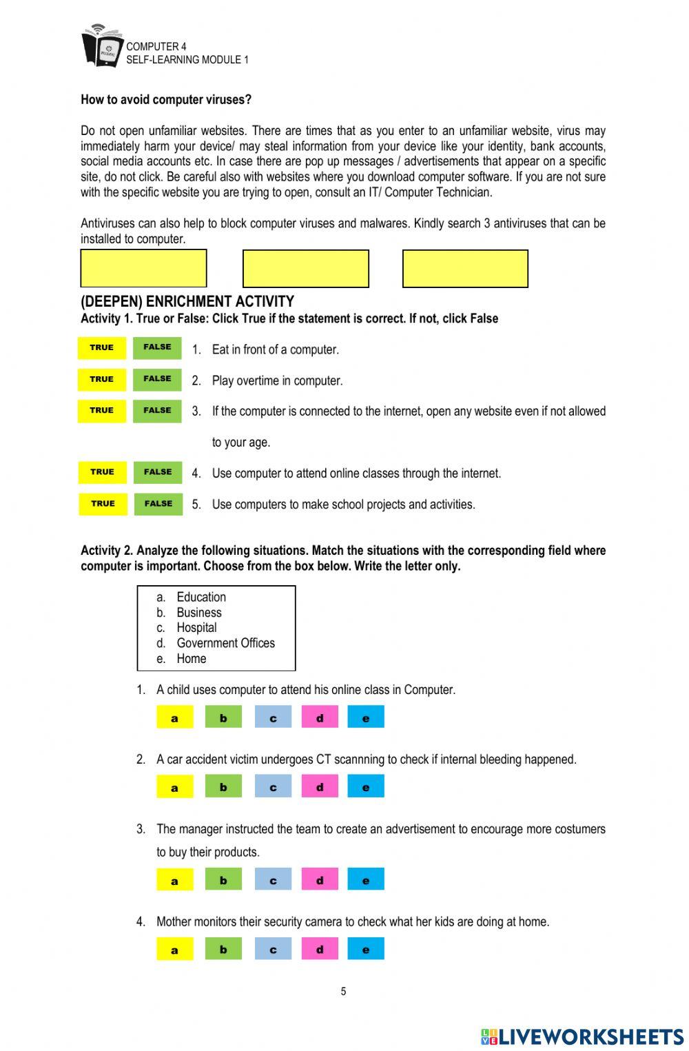 Live Worksheet 1 in Computer