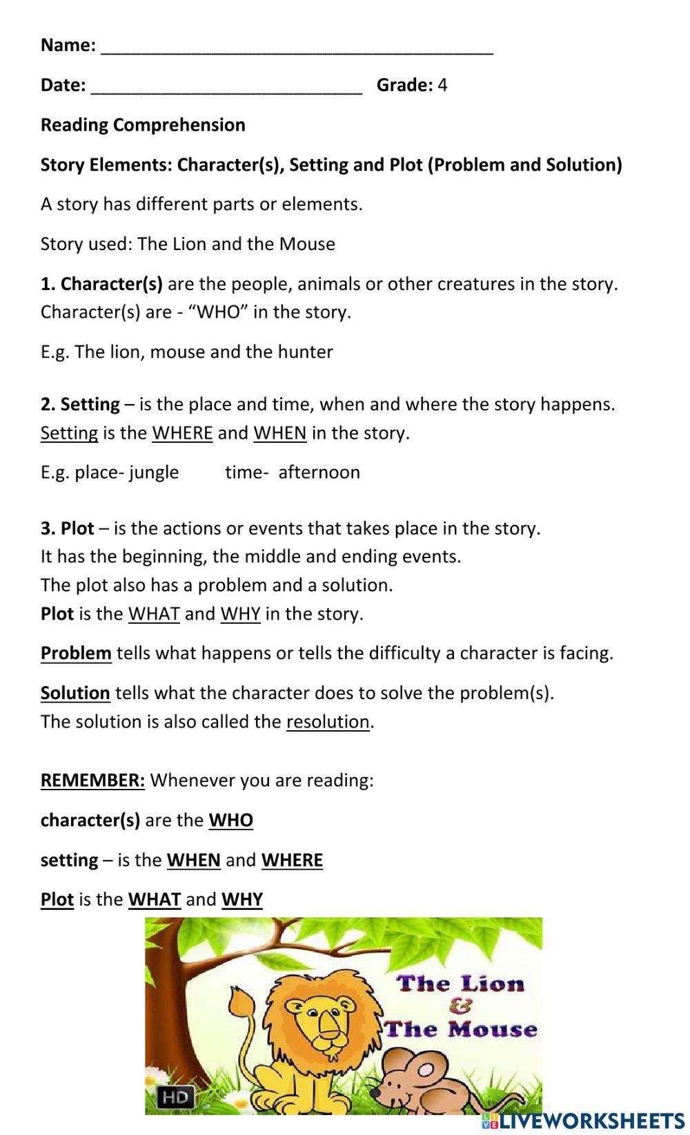 Story Elements - Character, Setting, Plot (Problem and Solution) worksheet  | Live Worksheets