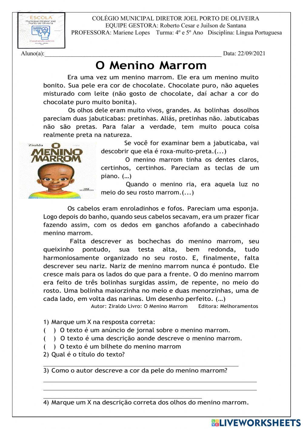 Compreensão - O Menino Marrom worksheet | Live Worksheets