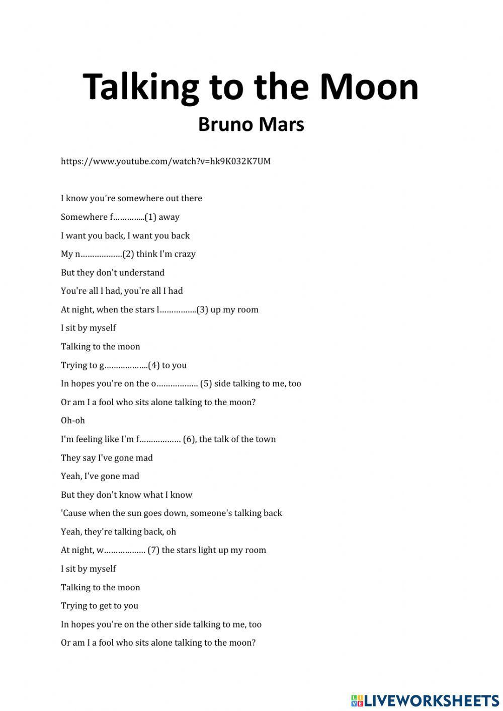 Talking to the Moon - Bruno Mars (TikTok song) worksheet | Live Worksheets