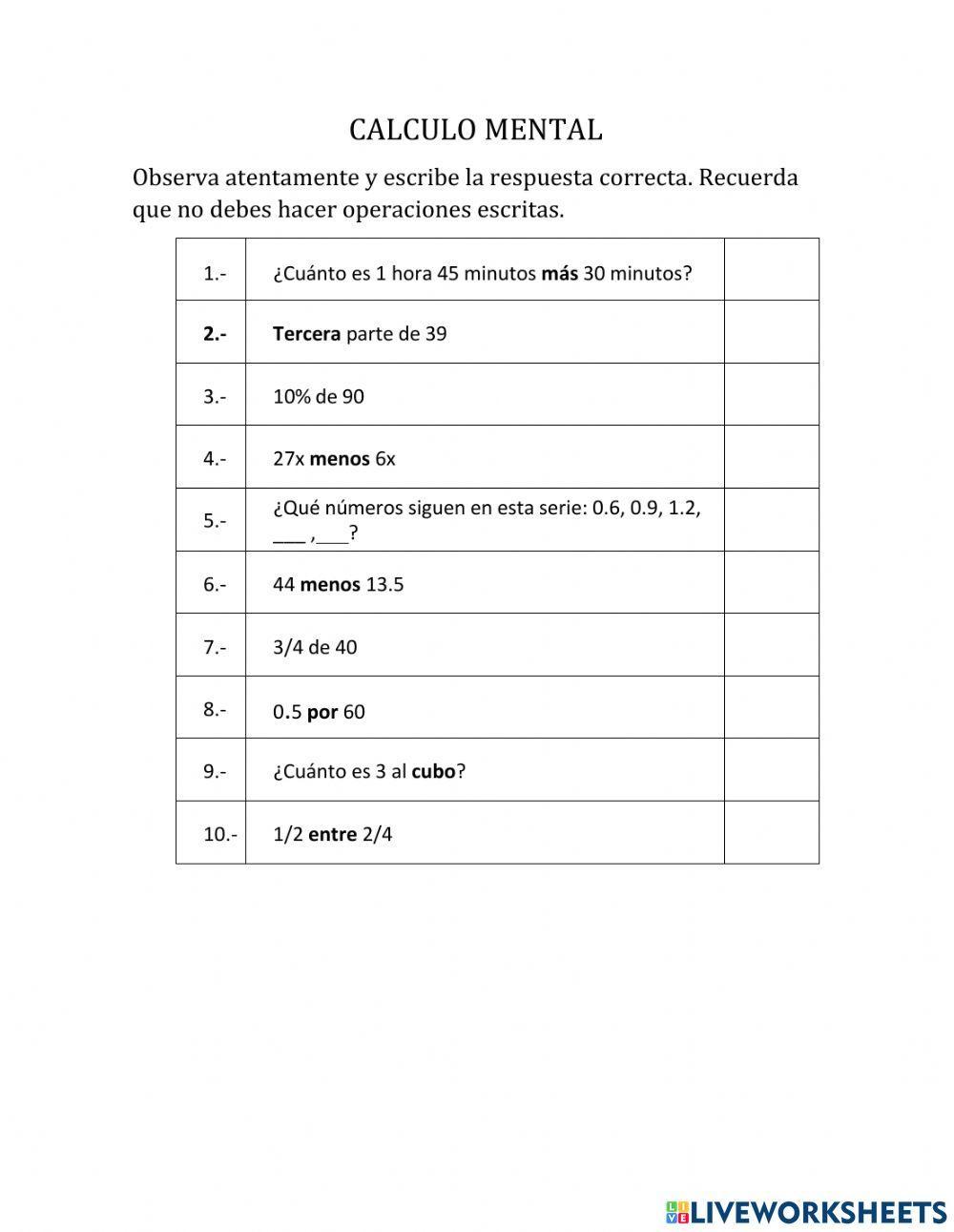 Calculo mental online exercise for TERCERO DE SECUNDARIA | Live Worksheets