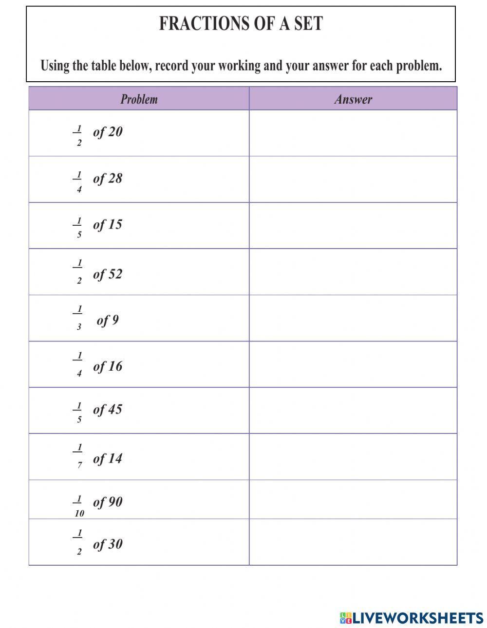 Fractions Of A Set worksheet | Live Worksheets