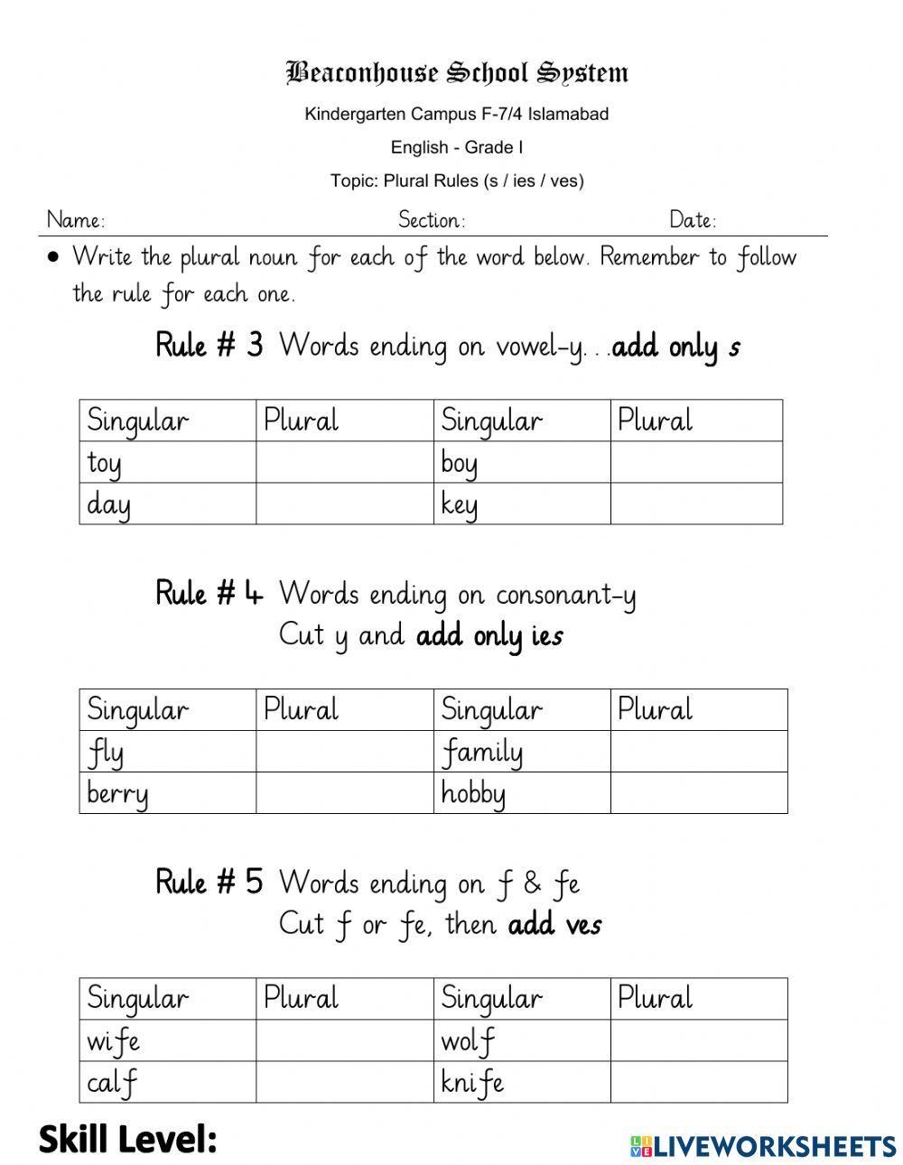 Singular - Plural (s, ies, ves) worksheet | Live Worksheets