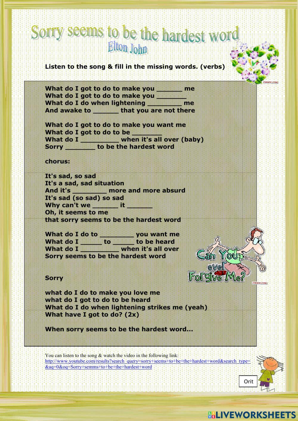 Sorry seems to be the hardest word worksheet | Live Worksheets