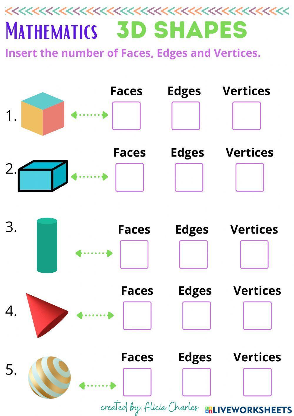 Geometry- 3D Shapes-Faces, Edges, Vertices worksheet | Live Worksheets