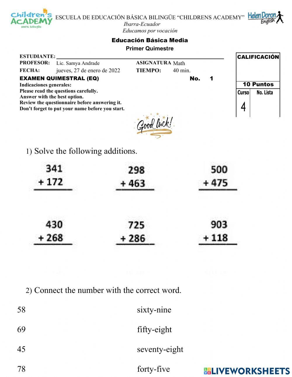 Examen Math 4to Children-s Academy