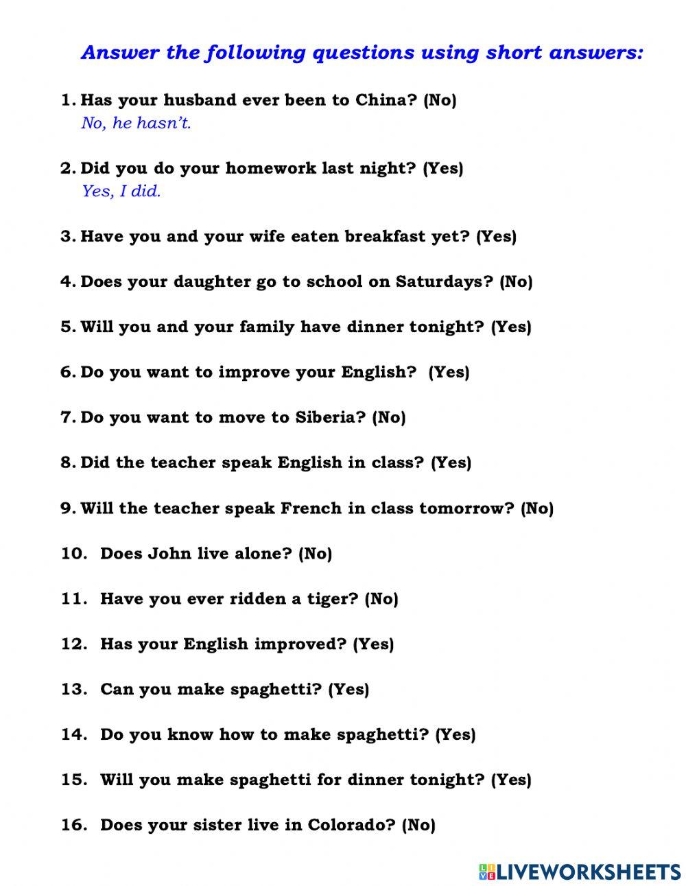 Short Answers for Yes-No questions worksheet | Live Worksheets