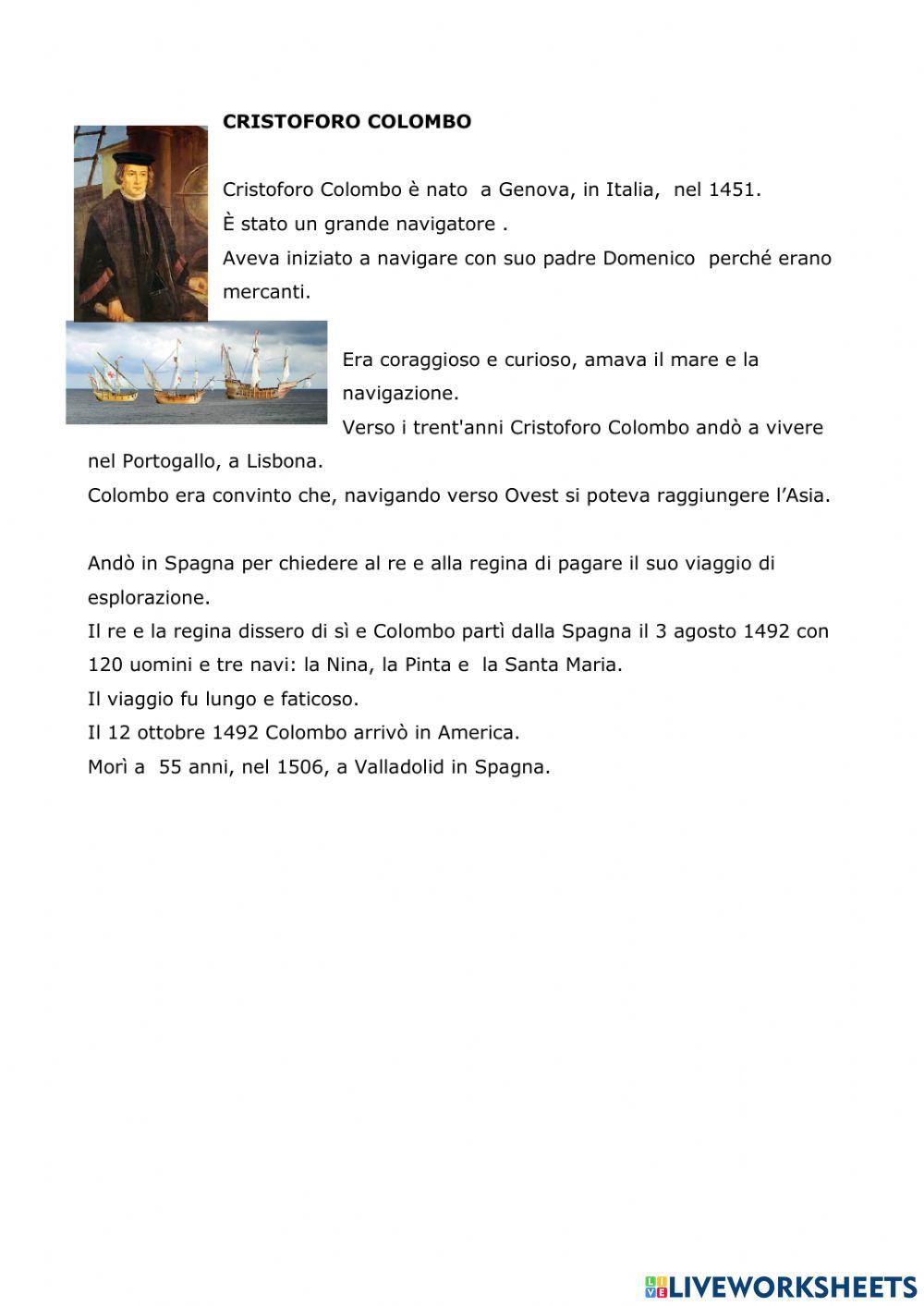 Cristoforo Colombo , vita worksheet | Live Worksheets
