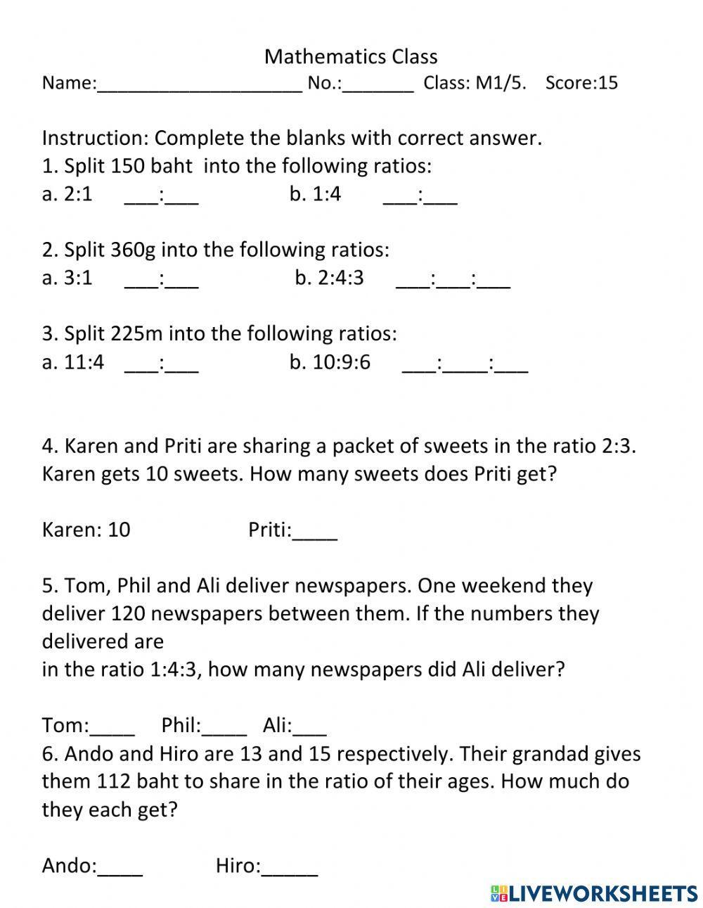 Ratio online pdf worksheet for grade 6