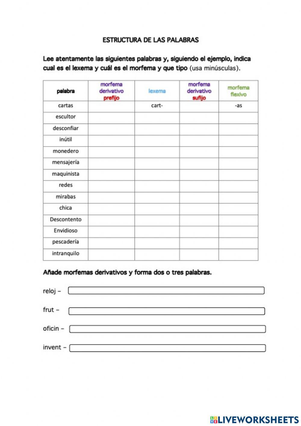 Estructura de palabras 1 worksheet | Live Worksheets