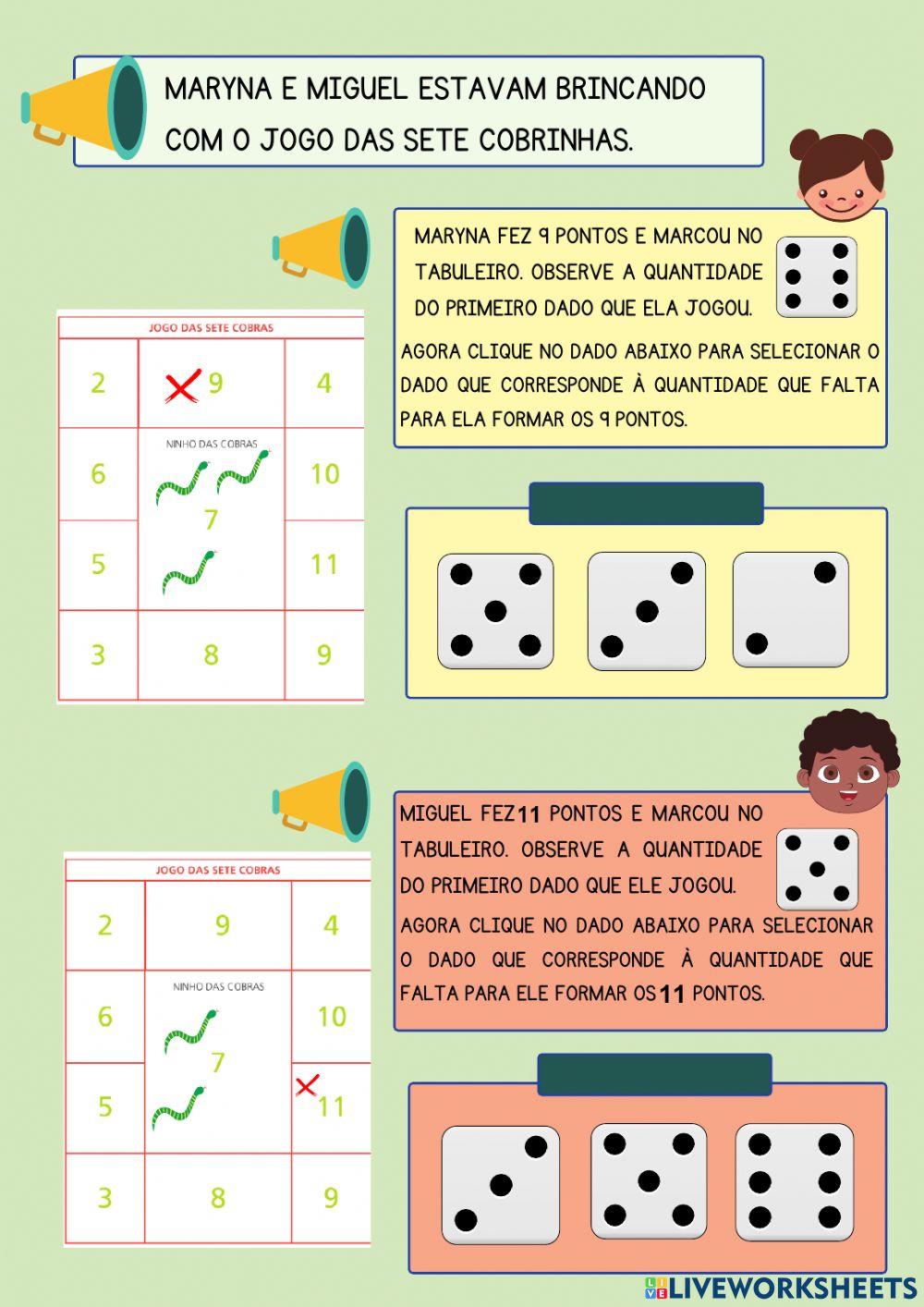 Jogo das sete cobrinhas interactive worksheet