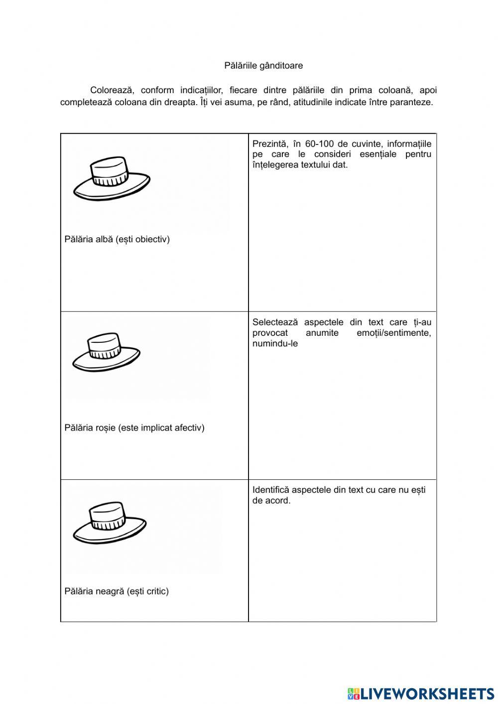 Pălăriile gânditoare worksheet | Live Worksheets