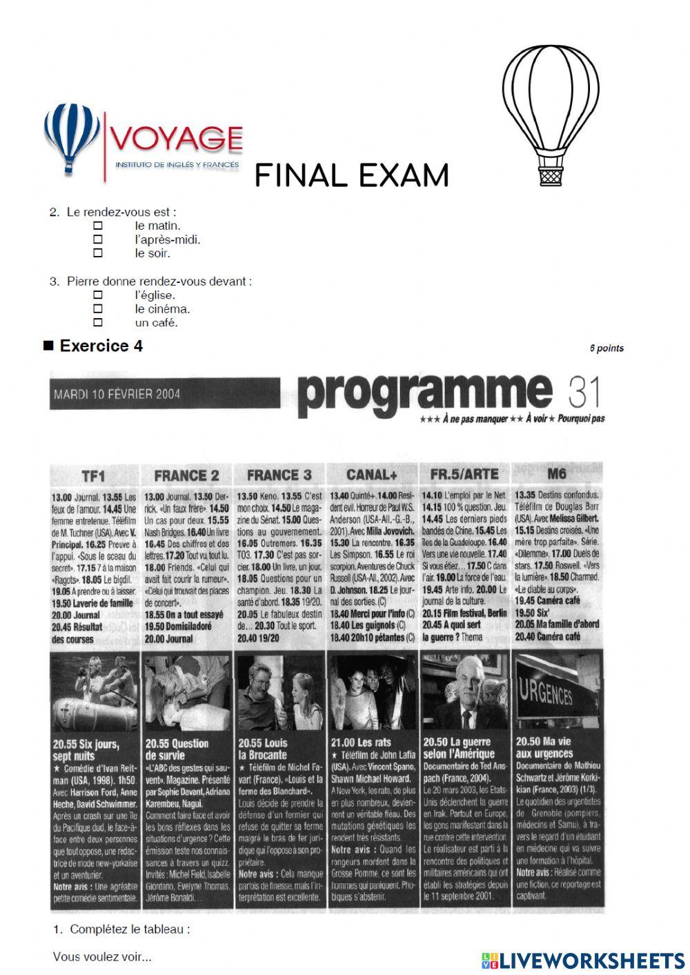Examen Final Français worksheet | Live Worksheets