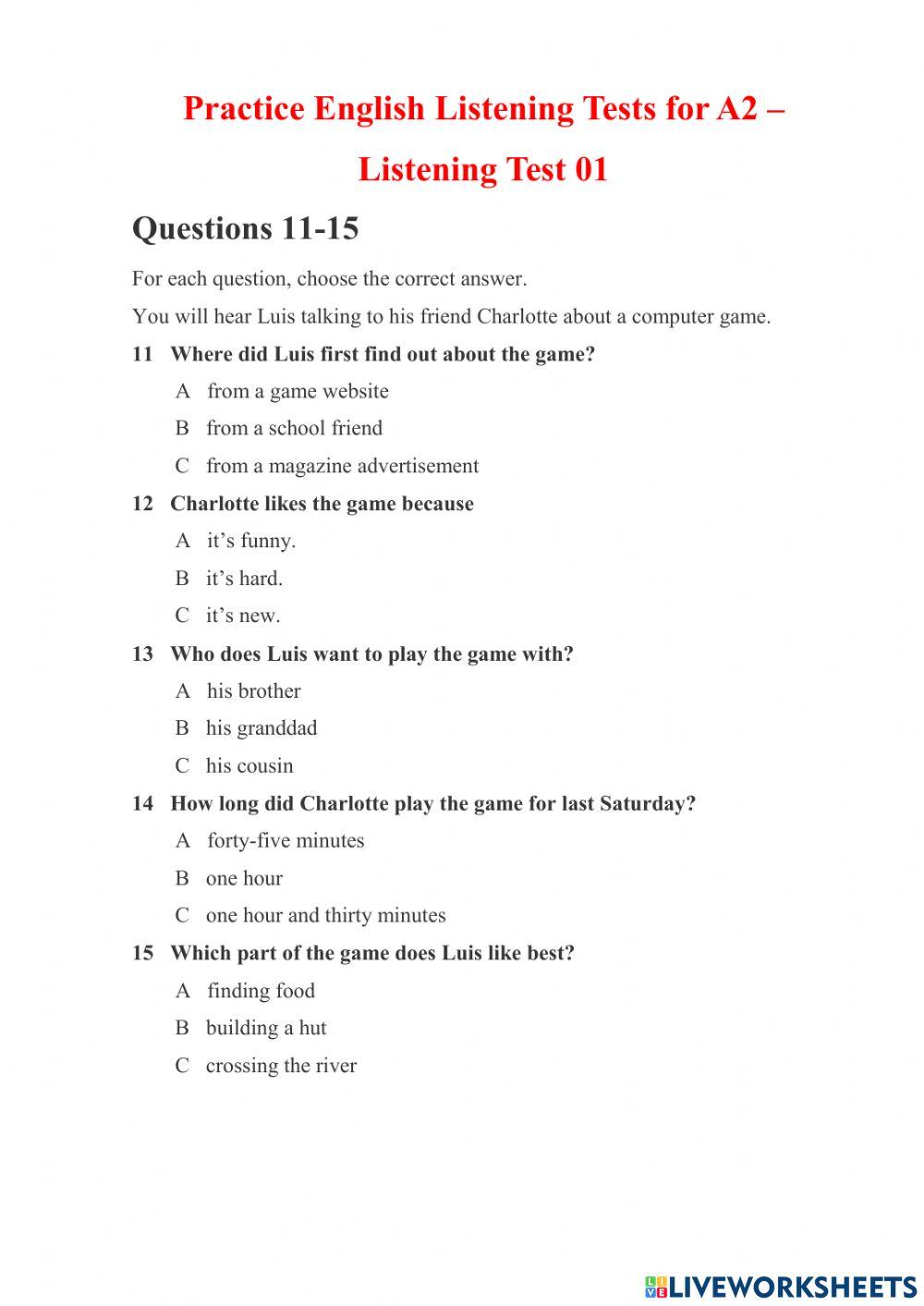Listening A2 interactive worksheet for Intermediate | Live Worksheets