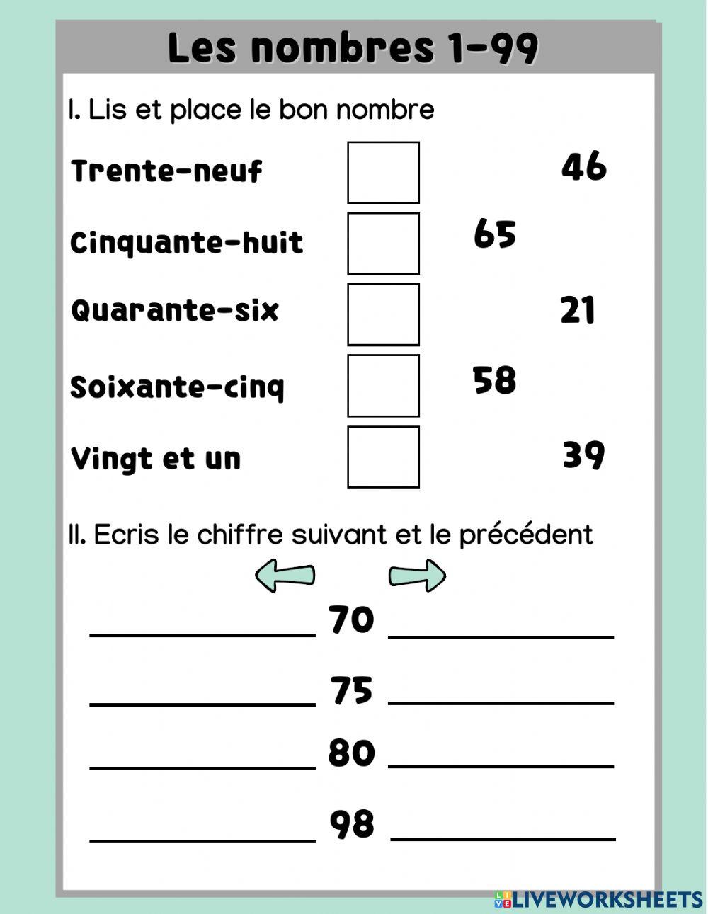 Les nombres en français activity | Live Worksheets