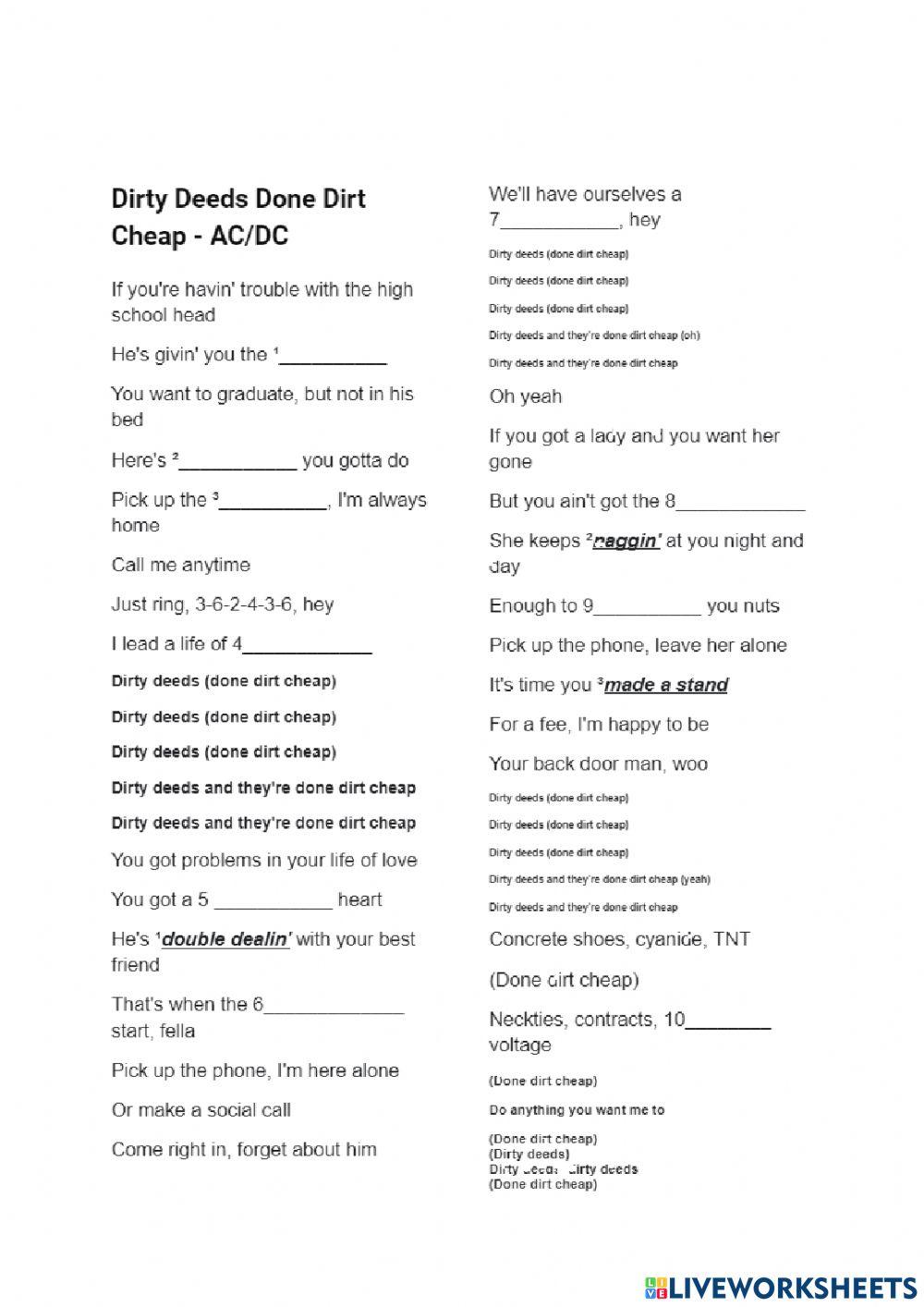 Ac-dc dirty deeds done dirt cheap worksheet | Live Worksheets