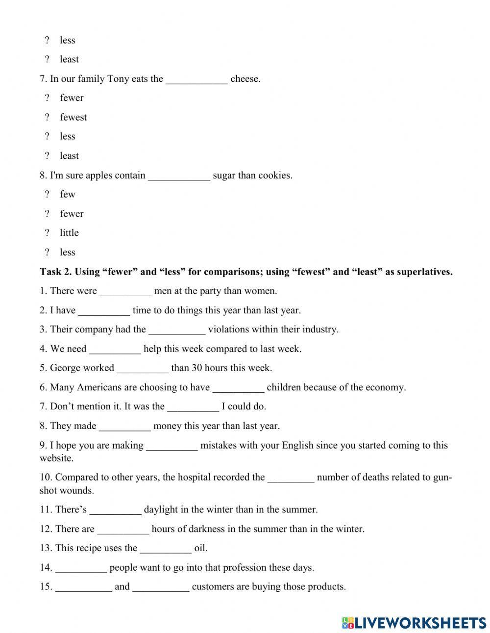 Comparatives & superlative (less-fewer-the least-the fewest) worksheet |  Live Worksheets