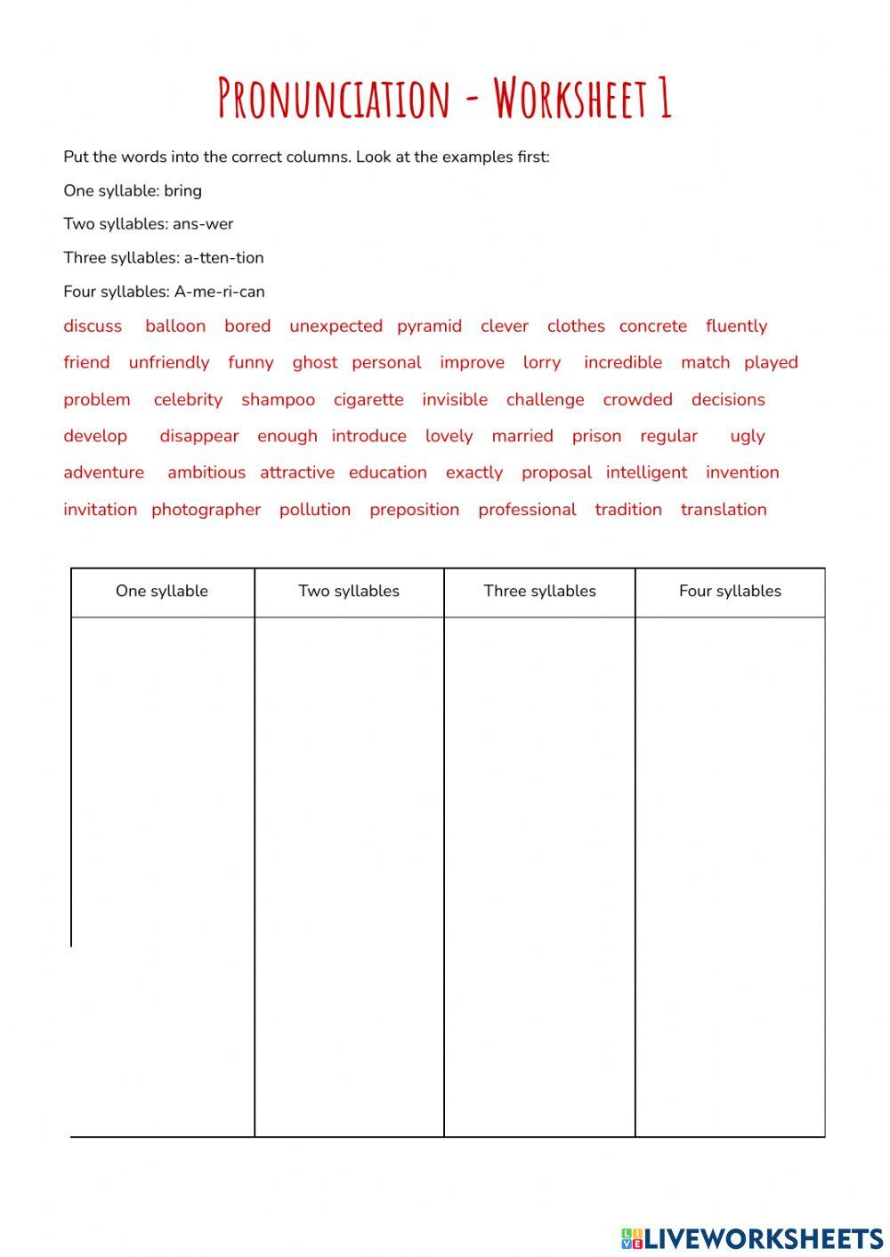Pronunciation Worksheet 1 worksheet | Live Worksheets