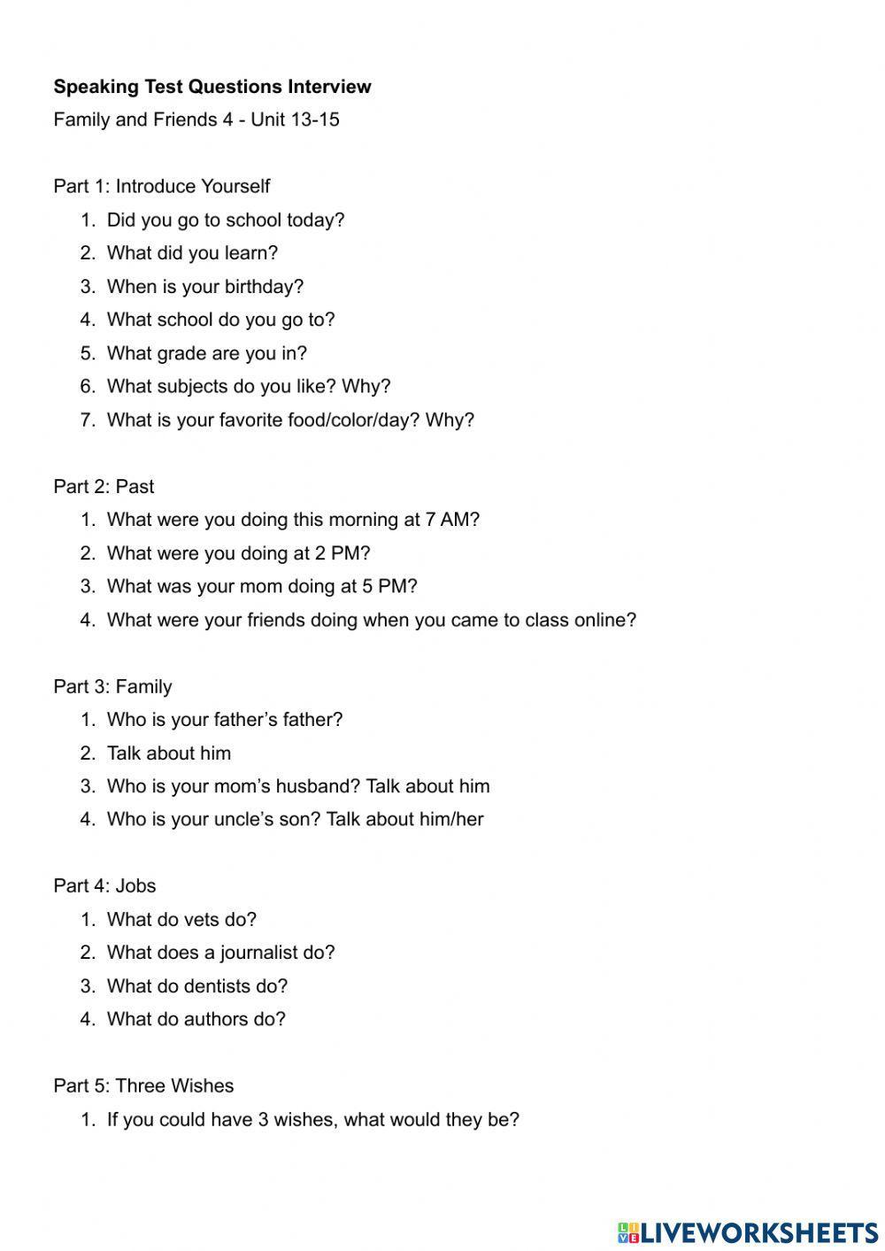 FF4 Speaking Test Questions Unit 13-15 worksheet | Live Worksheets