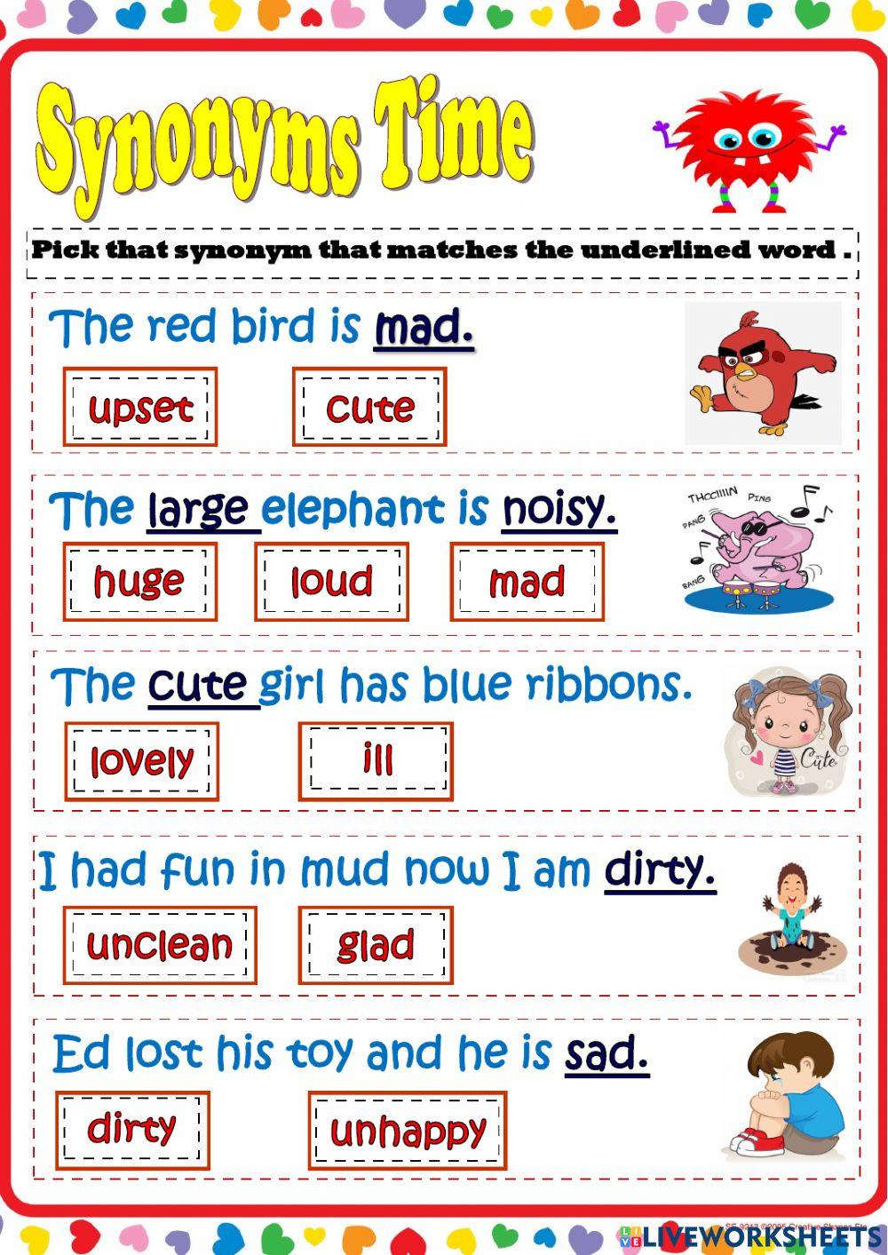 Synonyms online exercise for Infant Year One | Live Worksheets