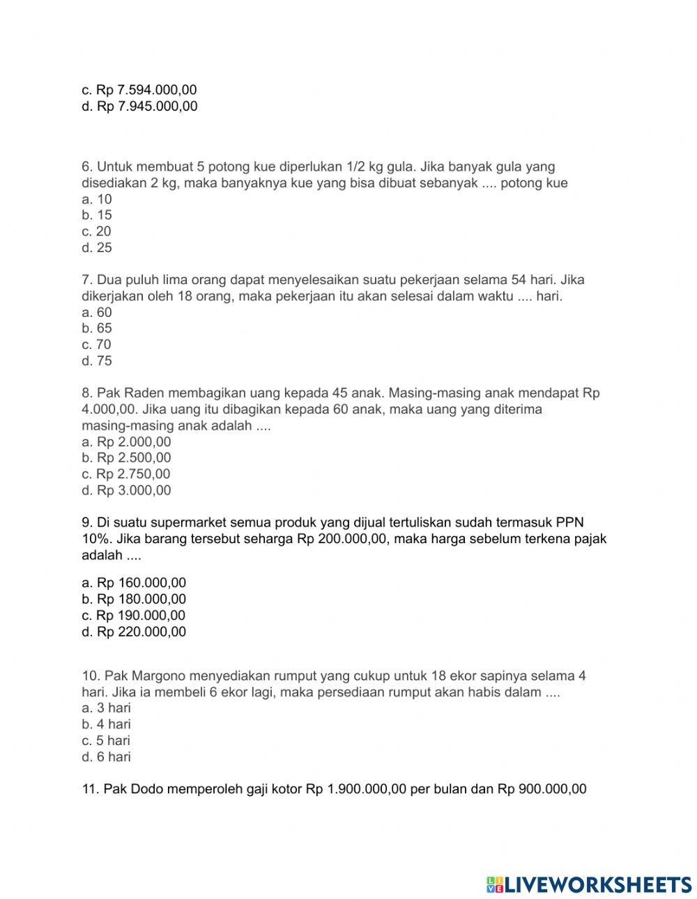 Soal uh matematika kls 7 worksheet | Live Worksheets
