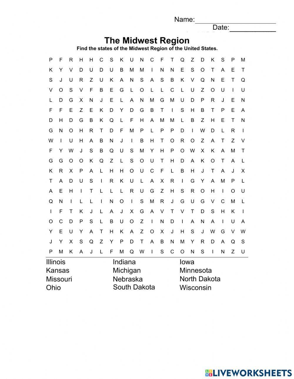 The Midwest Region Wordsearch