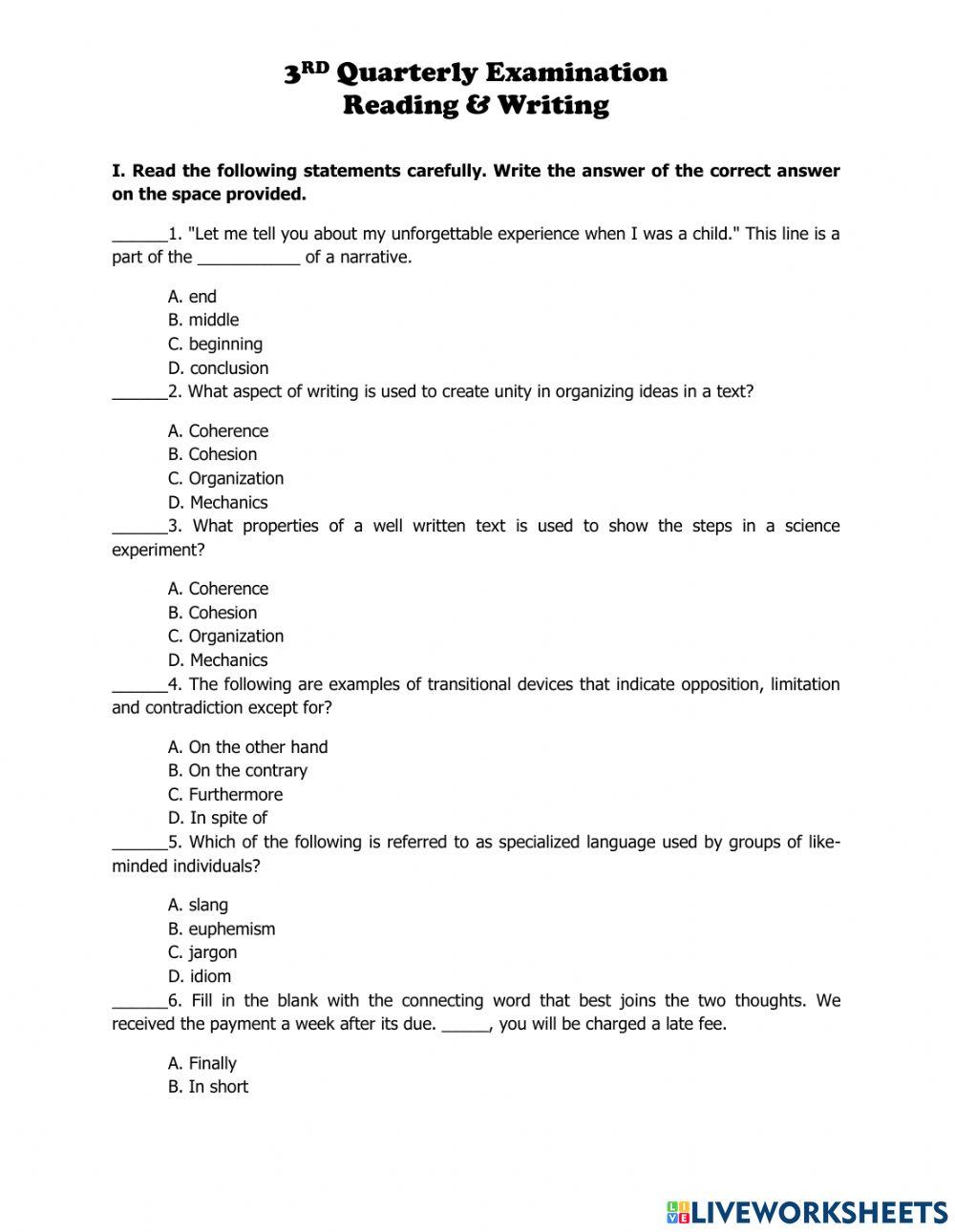 Reading And Writing - 3rd Quarter Assessment online exercise for | Live  Worksheets