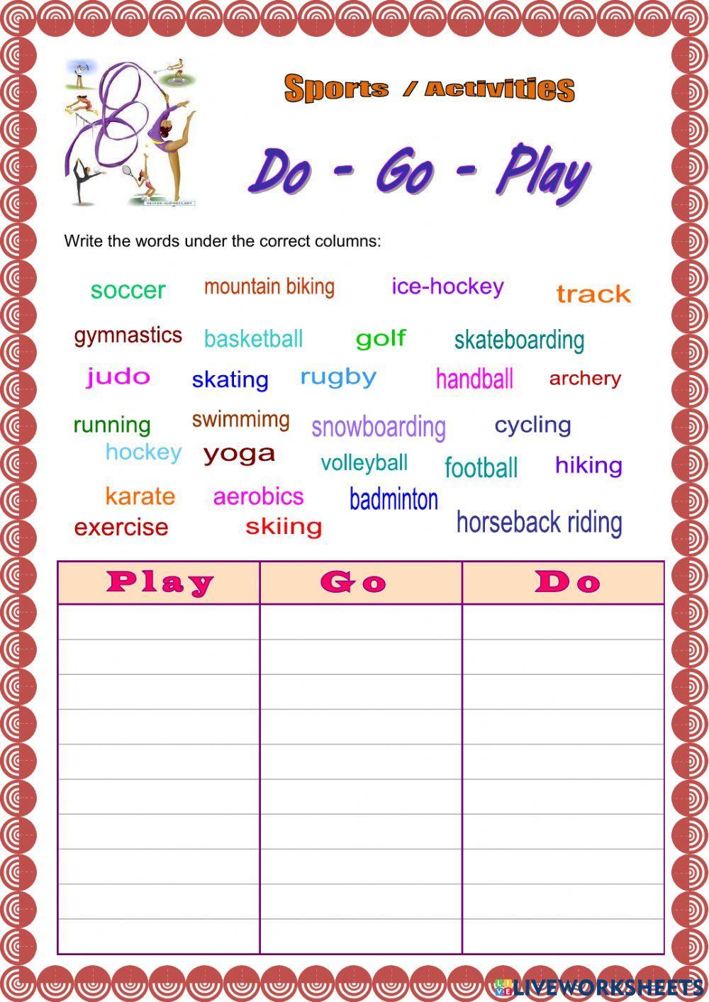 Sports - do - play - go worksheet | Live Worksheets