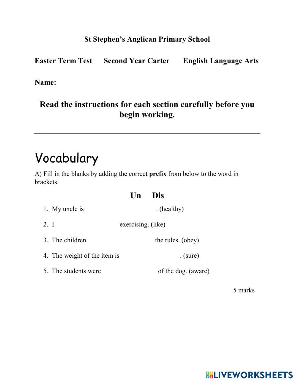 English Language Arts Easter Term Test B