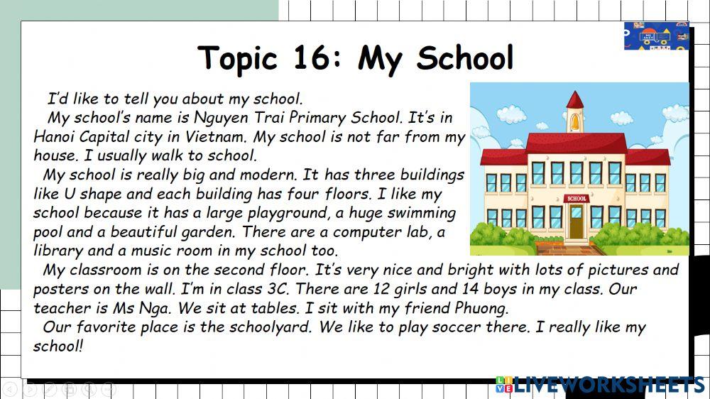 DieuAnh Topic 16: My School (30 topic) worksheet | Live Worksheets