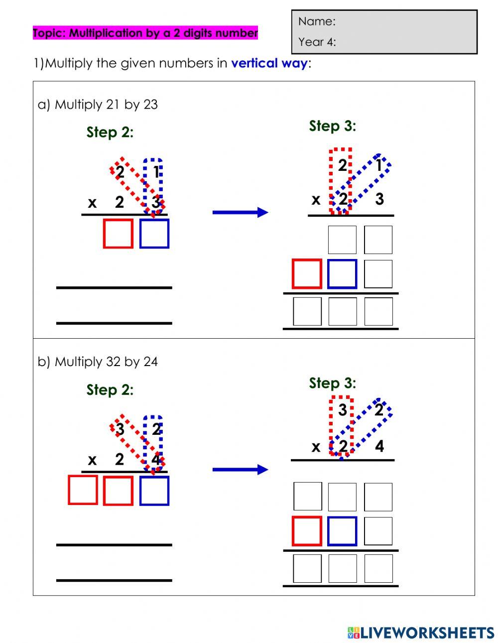 Red Multiply by 2 digits number in vertical way