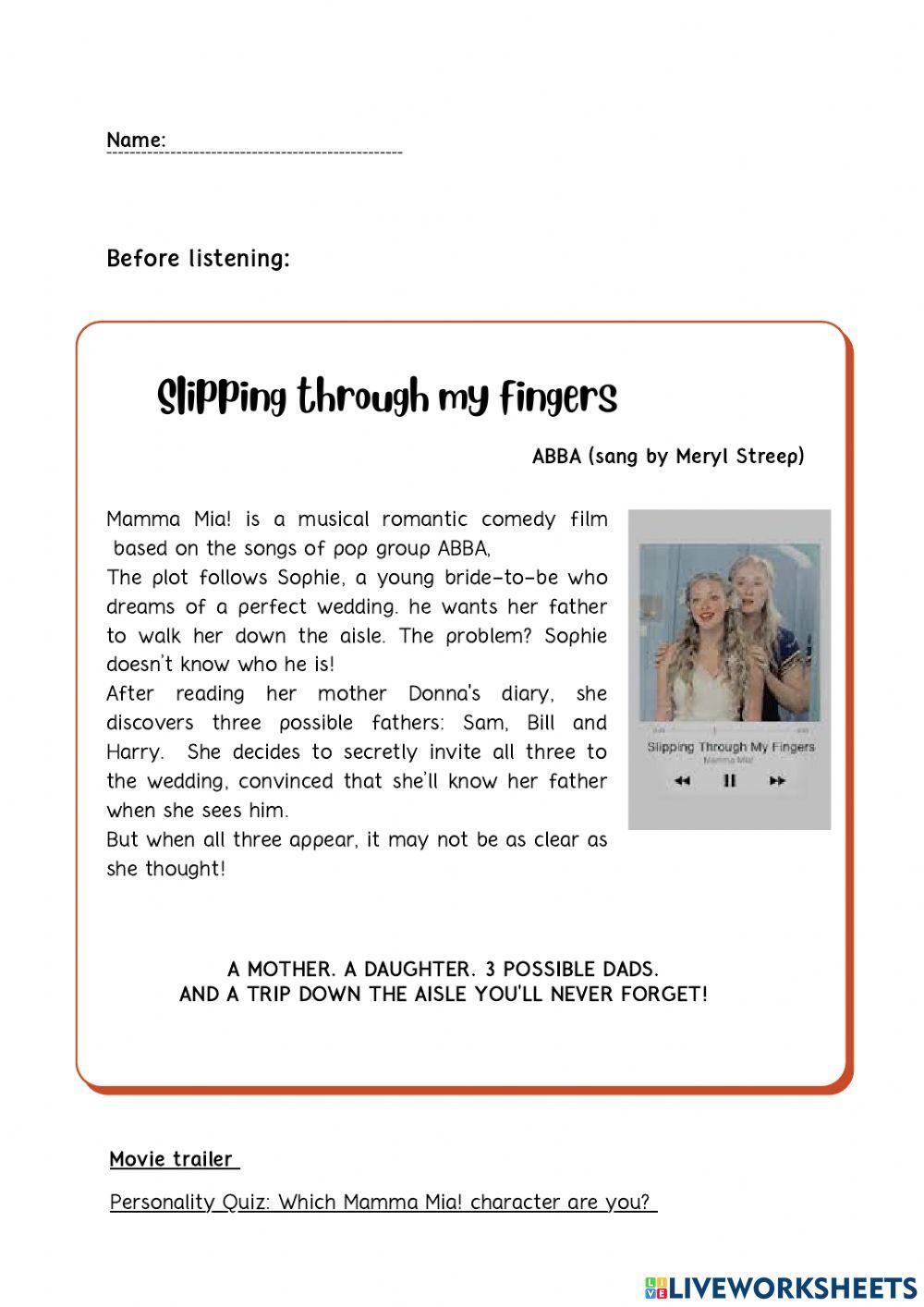 Slipping through my fingers - Song (ABBA) worksheet | Live Worksheets