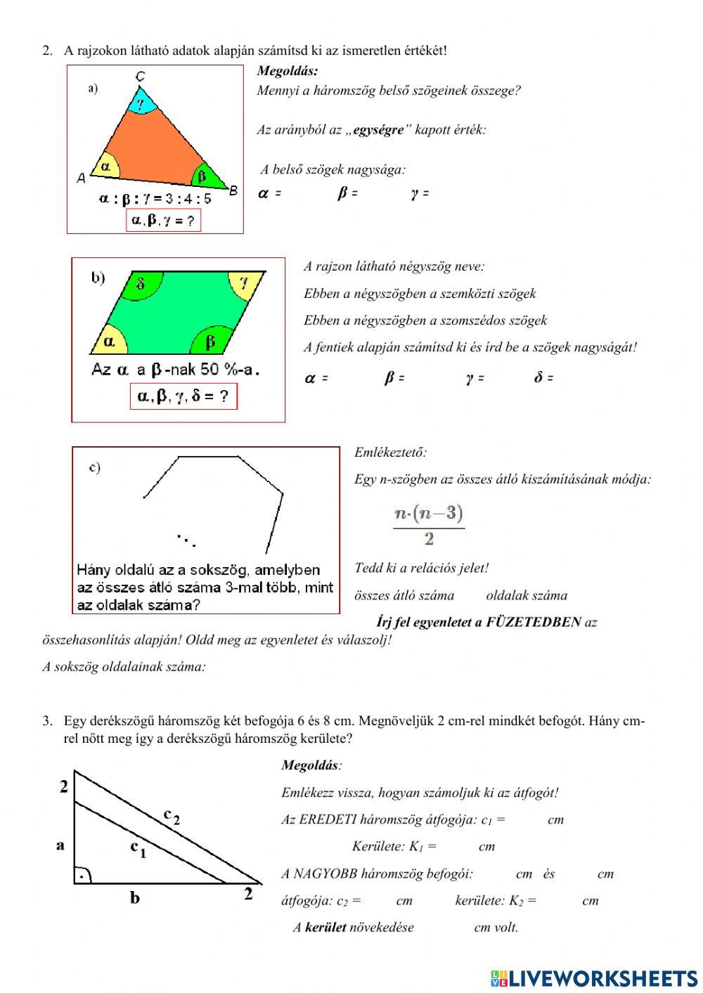 Szöveges egyeletek - geometriai feladatok worksheet | Live Worksheets