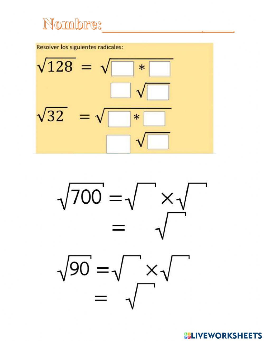 Simplificação de radicais interactive worksheet