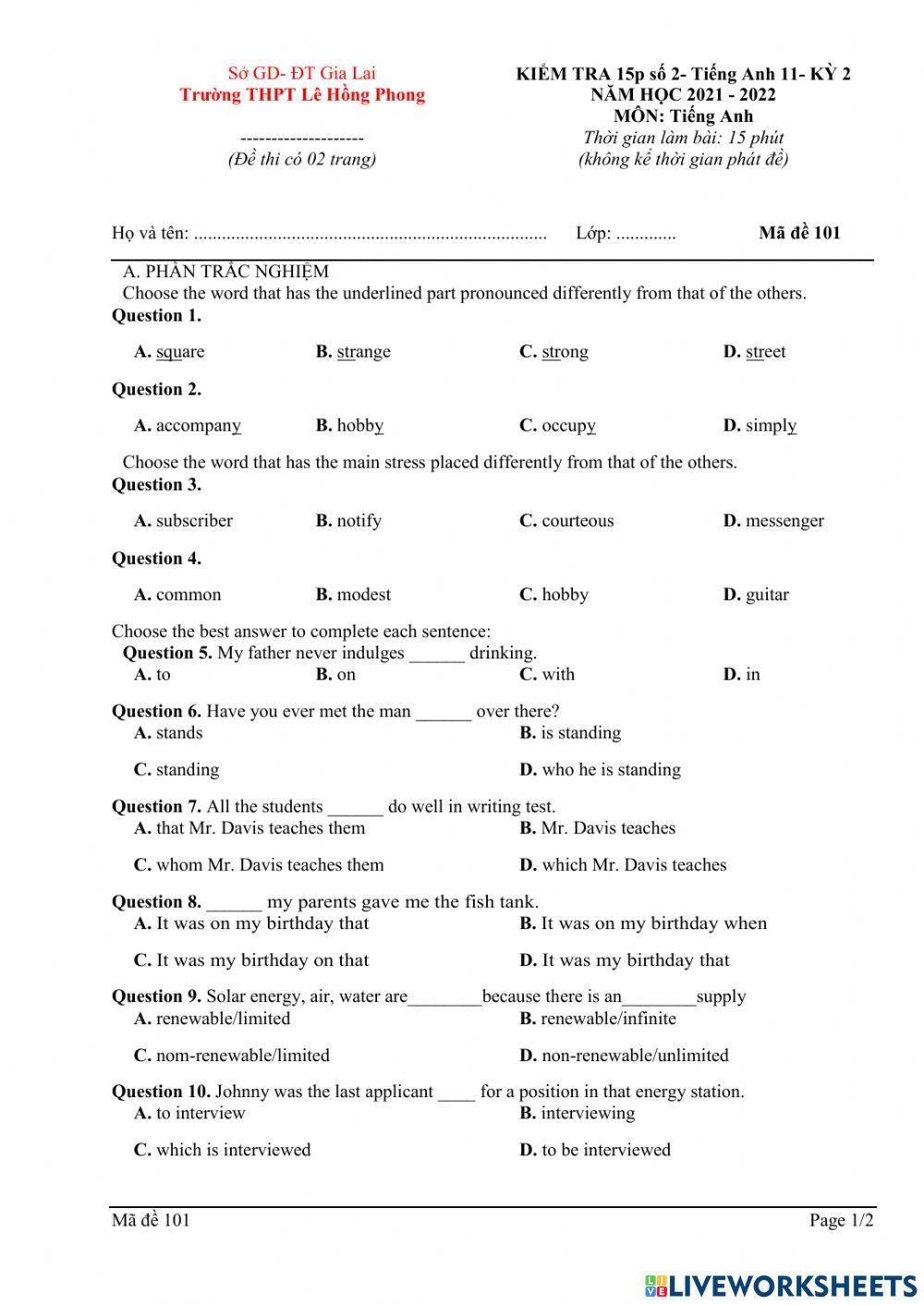 English 11- 15 minute test