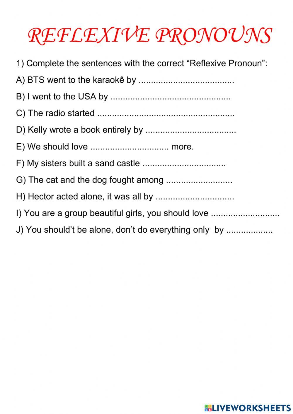 Reflexive pronouns interactive worksheet for Grade 4 | Live Worksheets