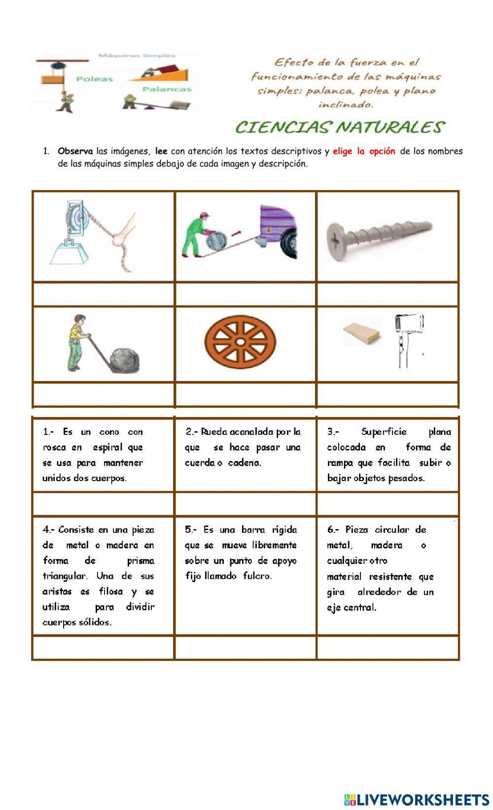Máquinas simples interactive activity for sexto grado | Live Worksheets