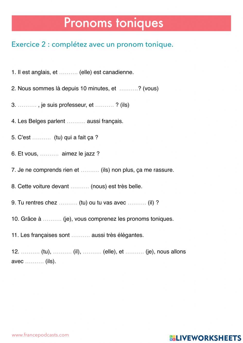 Les Pronoms Toniques interactive exercise | Live Worksheets