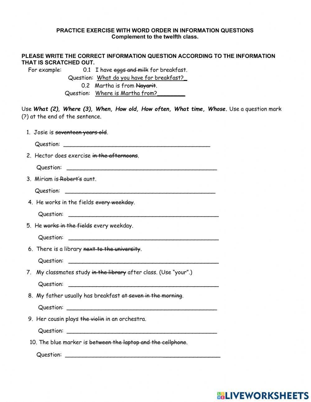 Practice exercise with Word Order in Information Questions worksheet