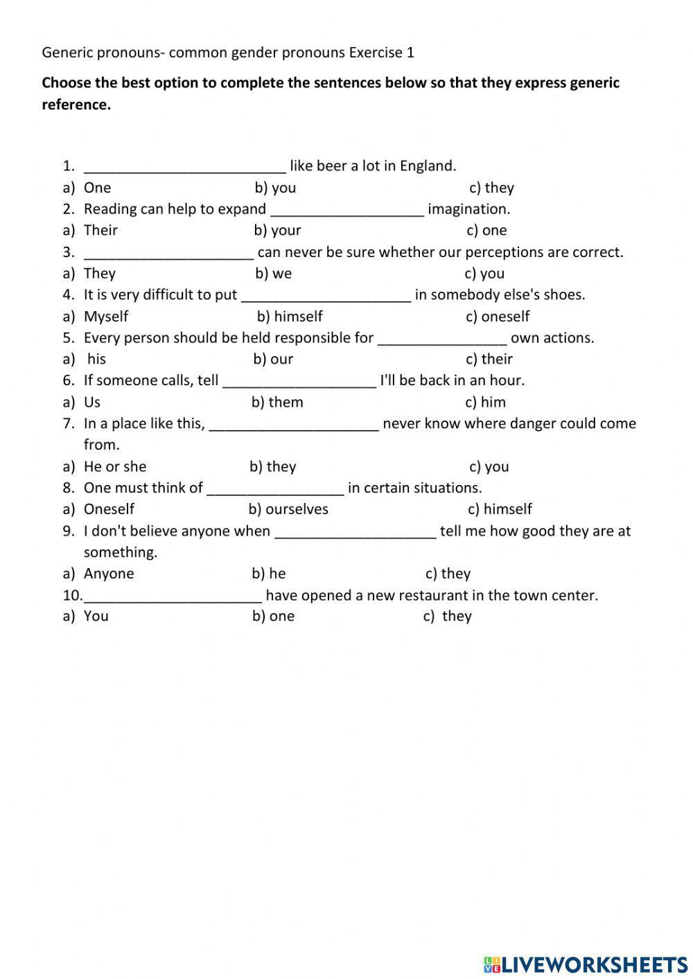 Generic pronouns- common gender pronouns . Ex 1 worksheet | Live Worksheets