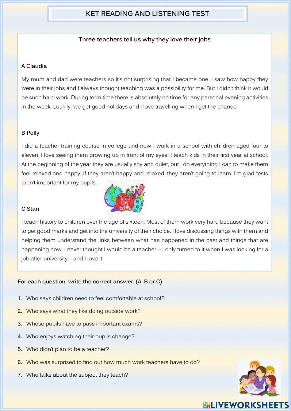 KET Reading and Listening test worksheet | Live Worksheets