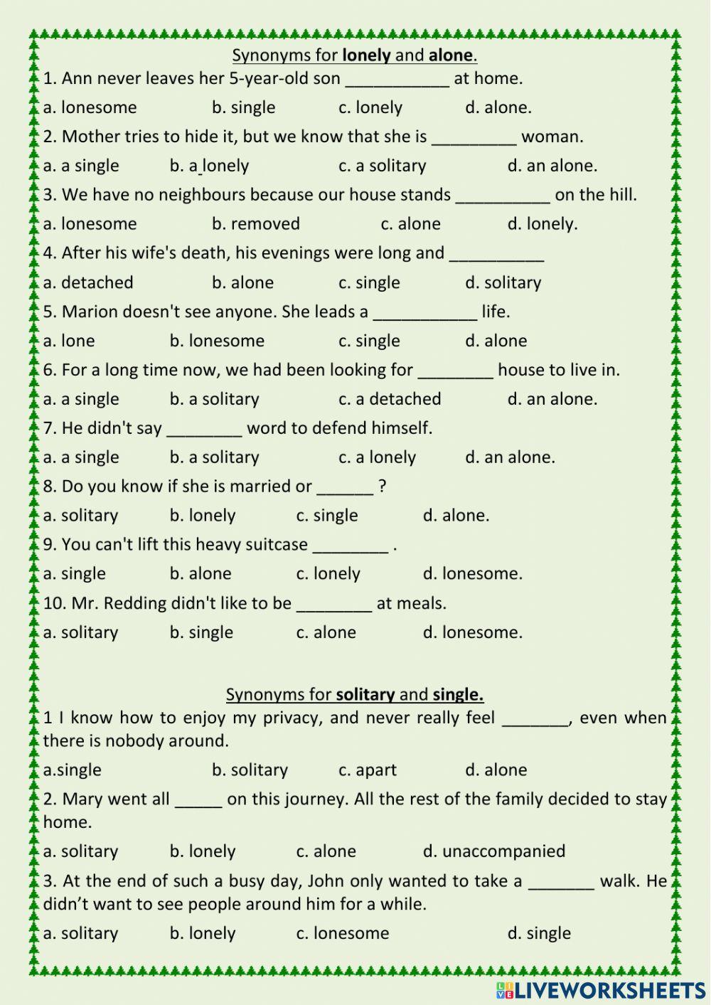 Synonyms lonely, solitary, single, alone worksheet | Live Worksheets