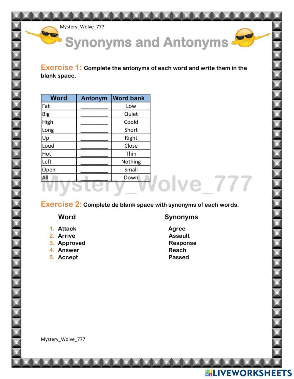 Synonyms and Antonyms - Beginner - Exercise 6 - Read Theory Workbooks
