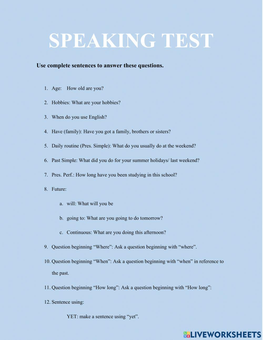Speaking Test English as a Second Language (ESL) worksheet | Live Worksheets