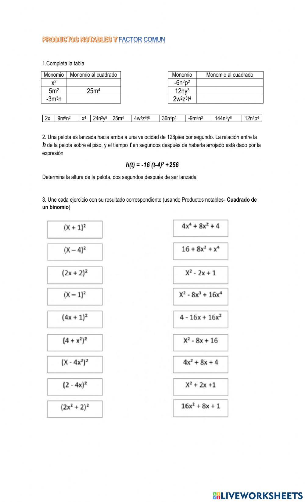 PRODUCTOS NOTABLES Y FACTOR COMUN online exercise for | Live Worksheets