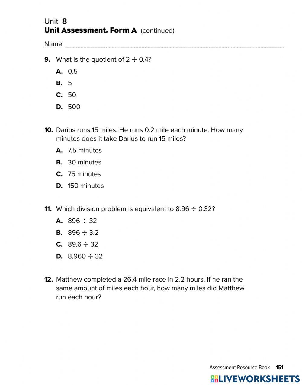 Math revision worksheet unit 8 - divide decimals