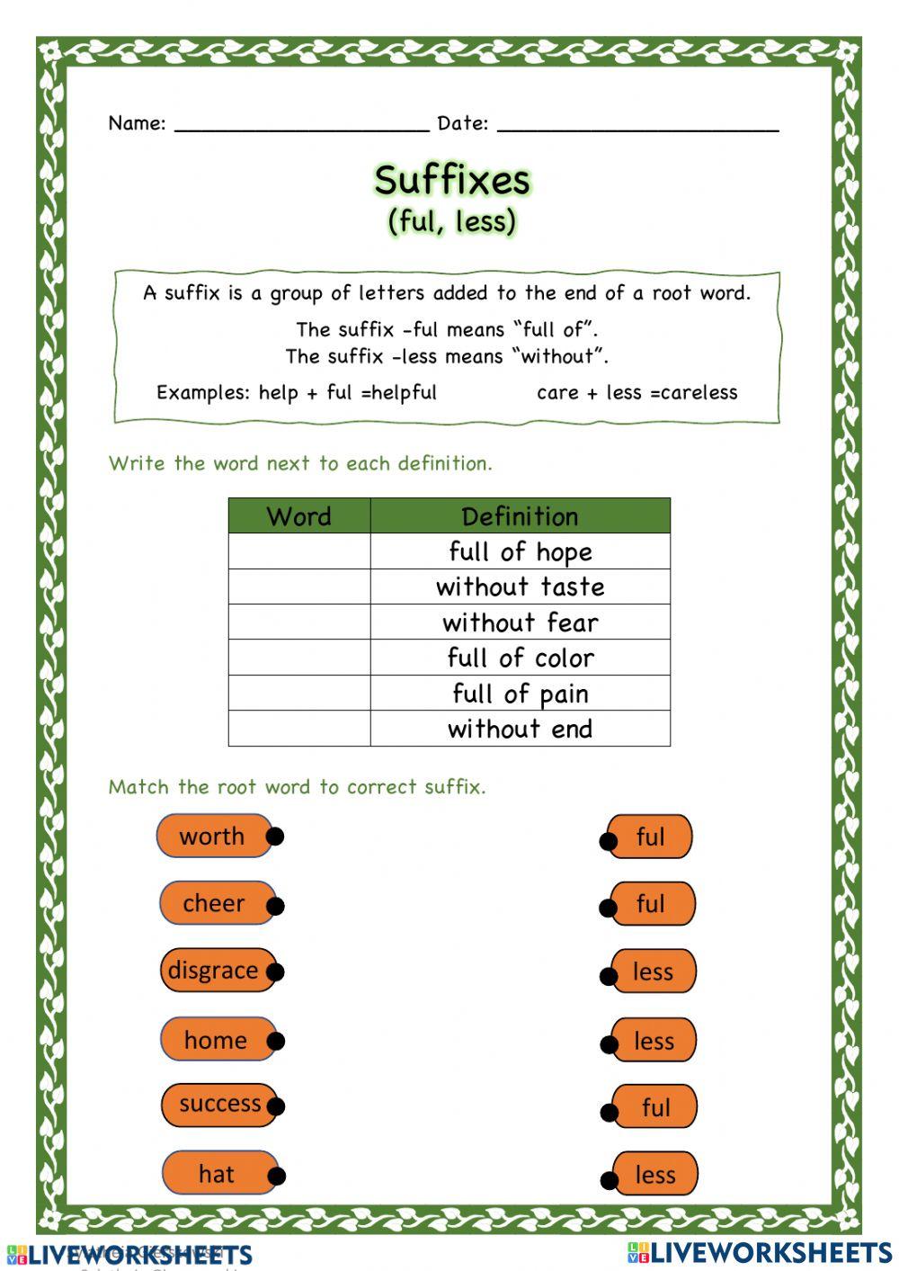 Adjectives with the suffixes -ful- and -less- worksheet | Live Worksheets